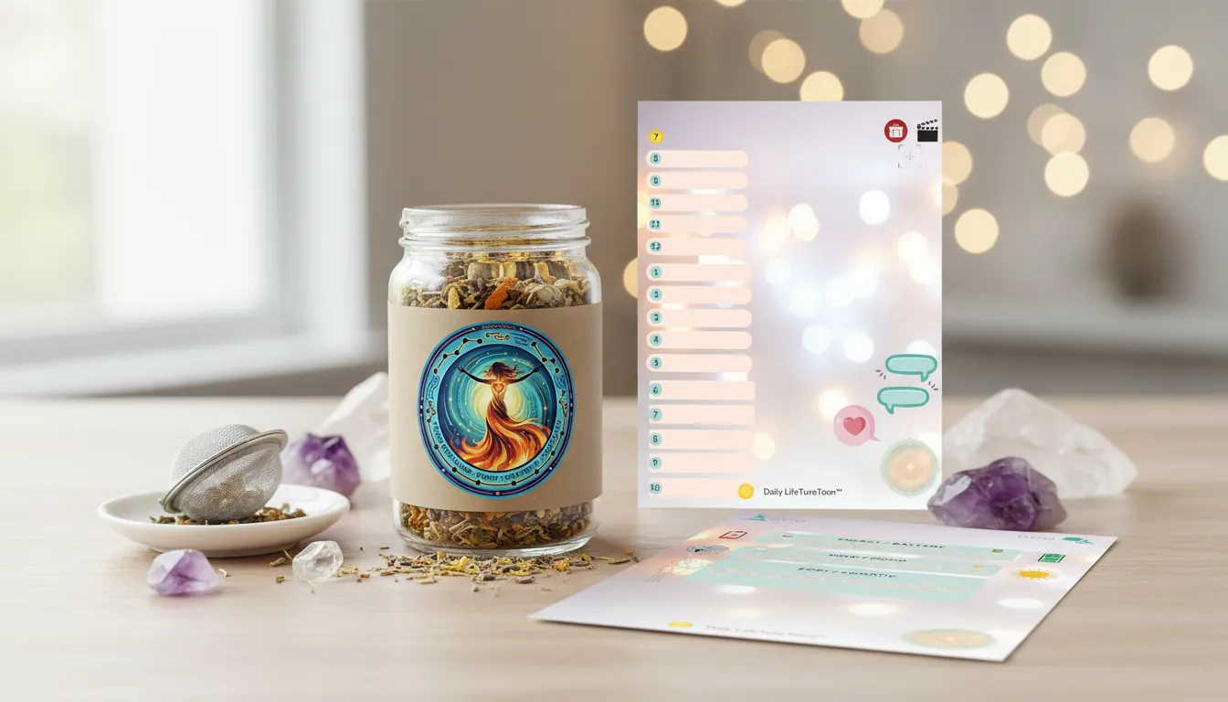 LTT Daily Notecards beside a jar of loose herbs, a tea strainer, amethyst and quartz